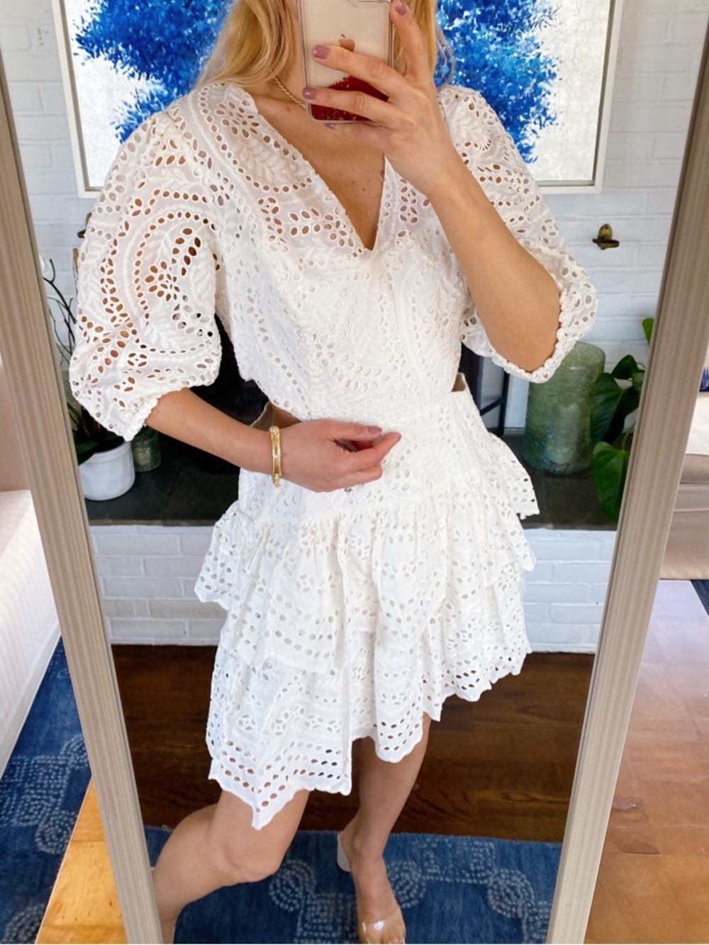 BCBGMaxAzria White Eyelet Puff Sleeve Cut Out Tiered Mini Dress! 🐚 - Picture 3 of 17